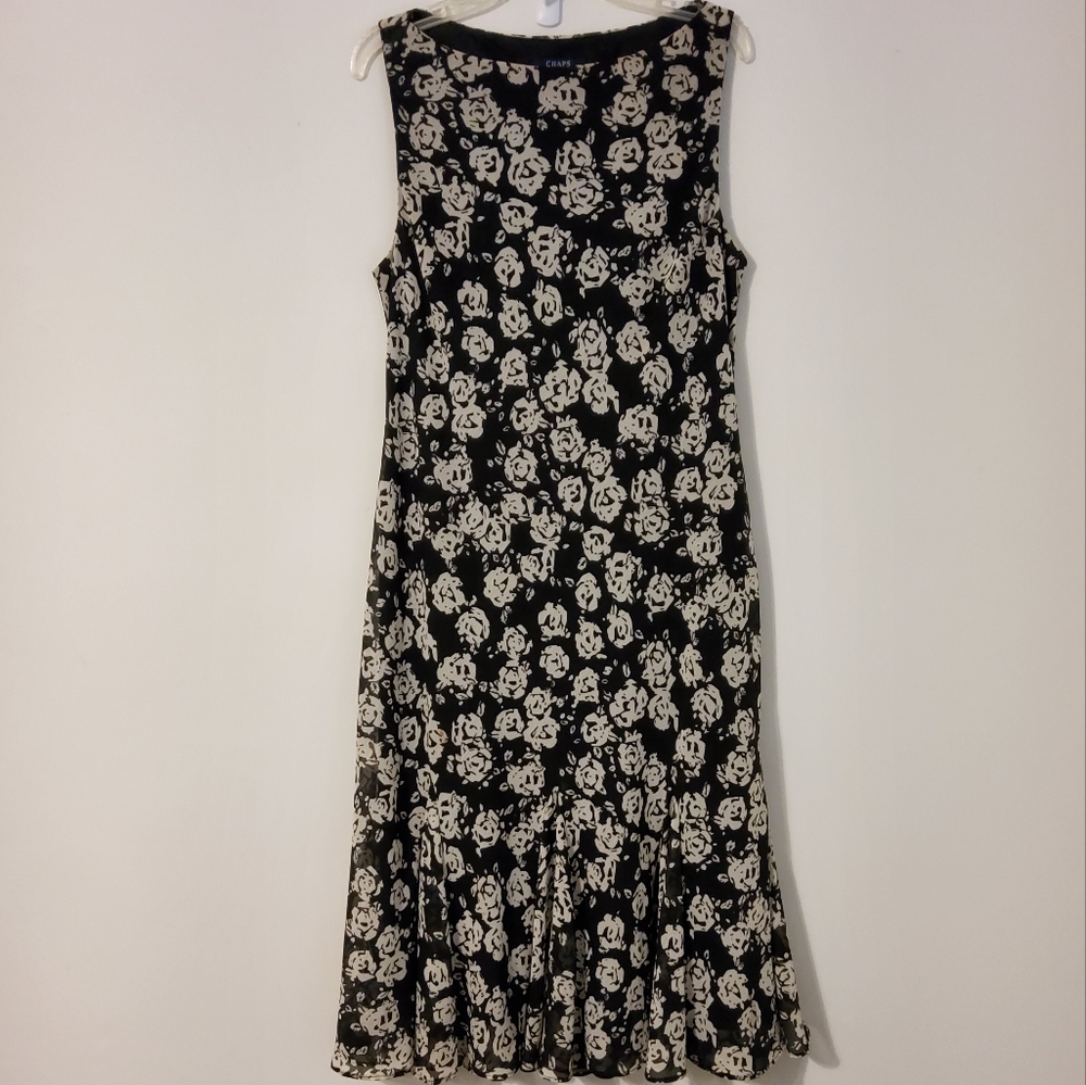CHAPS EST. 1978 Black/Cream Floral Print Sleeveless Shift Dress Ruffle Hem Sz 12